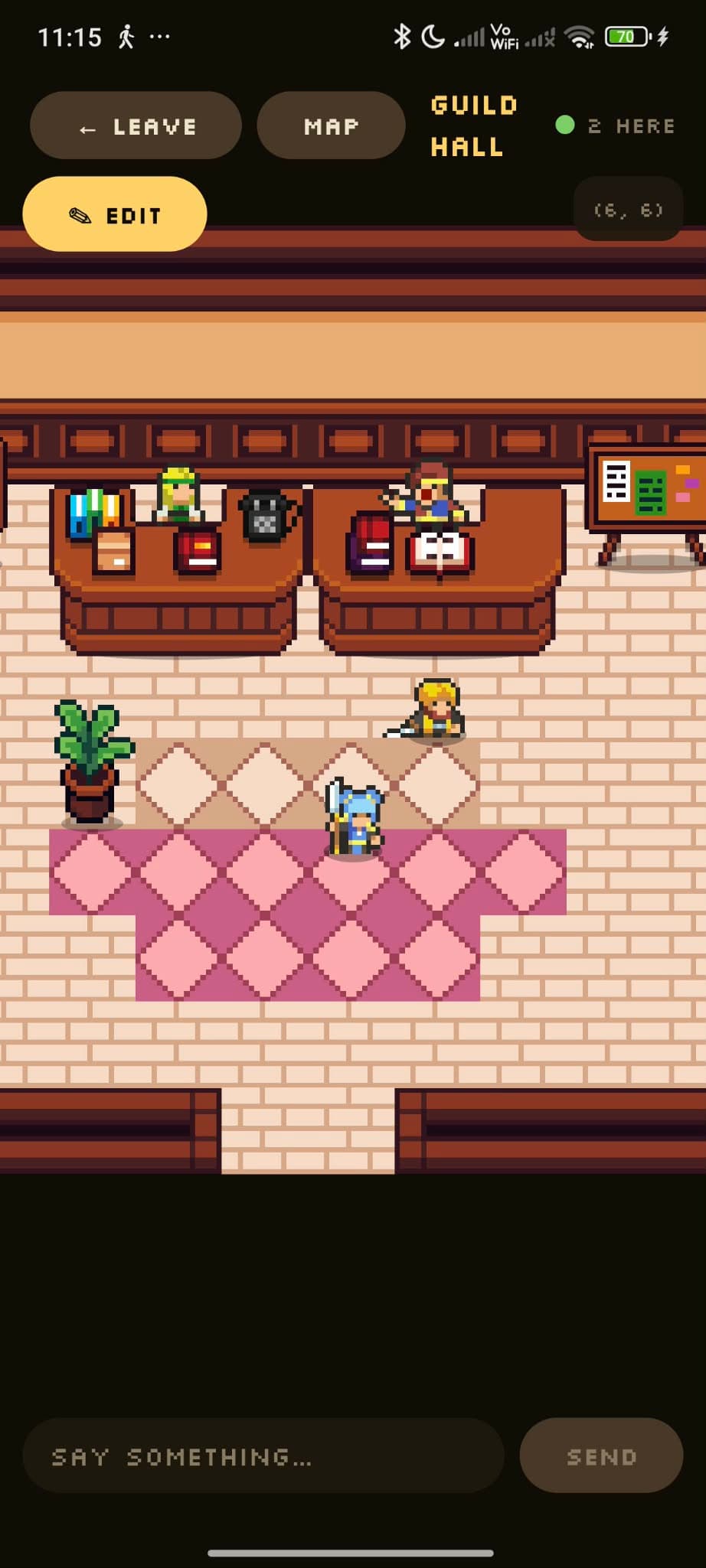 Guild Hall preview showing the realtime shared guild space where members can gather, chat, and customize together.